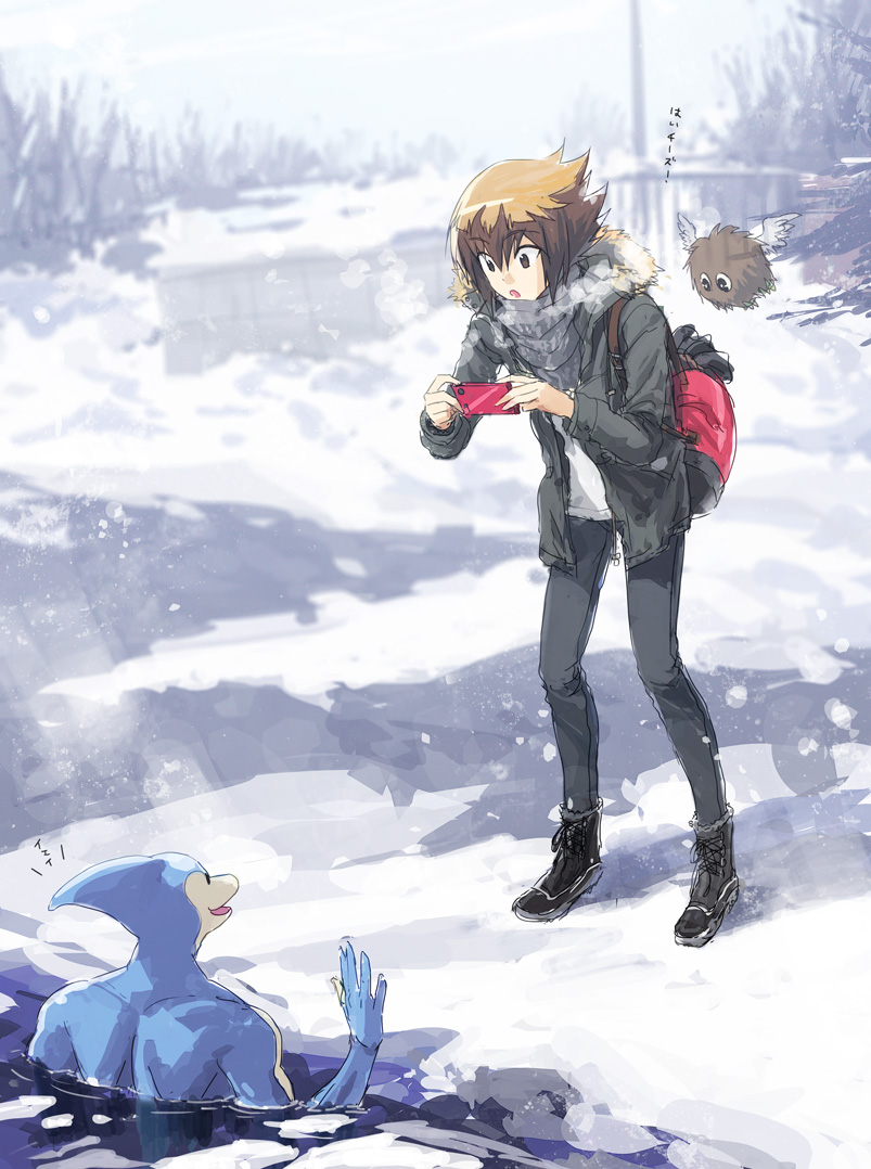 yuki judai, winged kuriboh, and neo-spacian aqua dolphin (yu-gi-oh! and 1 more) drawn by moribuden