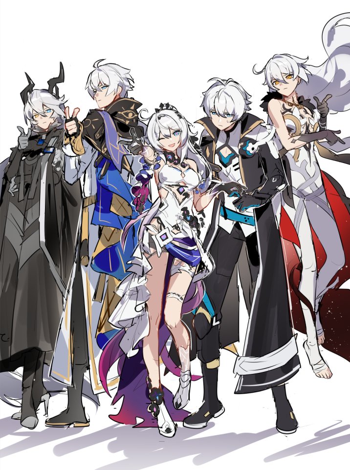 kiana kaslana, phainon, kevin kaslana, kugimiya rie, unknown god, and 4 more (genshin impact and 5 more) drawn by grape_(grapedraws)
