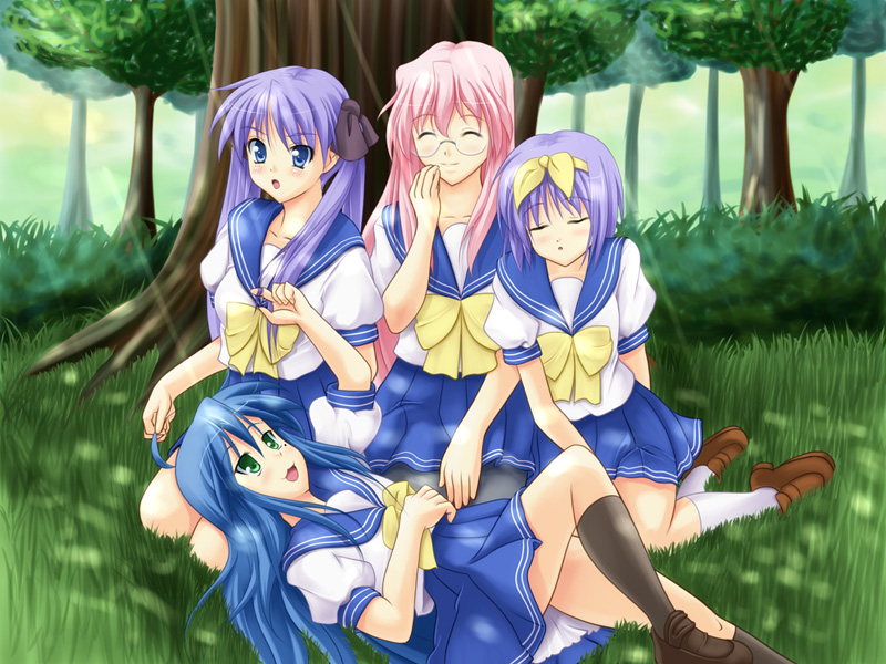 hiiragi kagami, izumi konata, hiiragi tsukasa, and takara miyuki (lucky star)