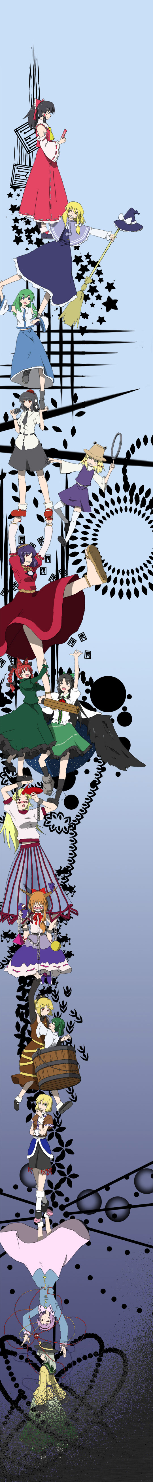 hakurei reimu, kirisame marisa, kochiya sanae, komeiji koishi, shameimaru aya, and 10 more (touhou and 2 more) drawn by rara_(aoringo_no_mori)