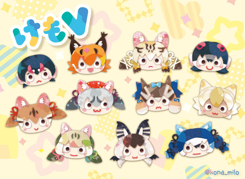 island fox, humboldt penguin, caracal, brown long-eared bat, coyote, and 6 more (kemono friends and 1 more) drawn by kikuchi_milo