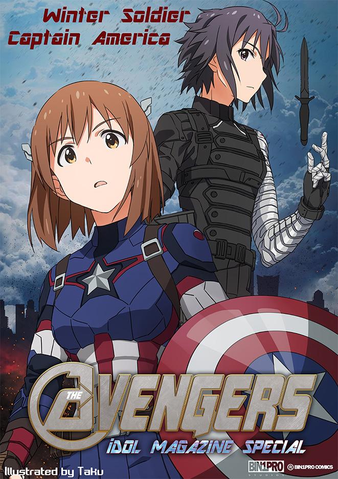 kikuchi makoto, hagiwara yukiho, captain america, and winter soldier (idolmaster and 3 more) drawn by taku1122