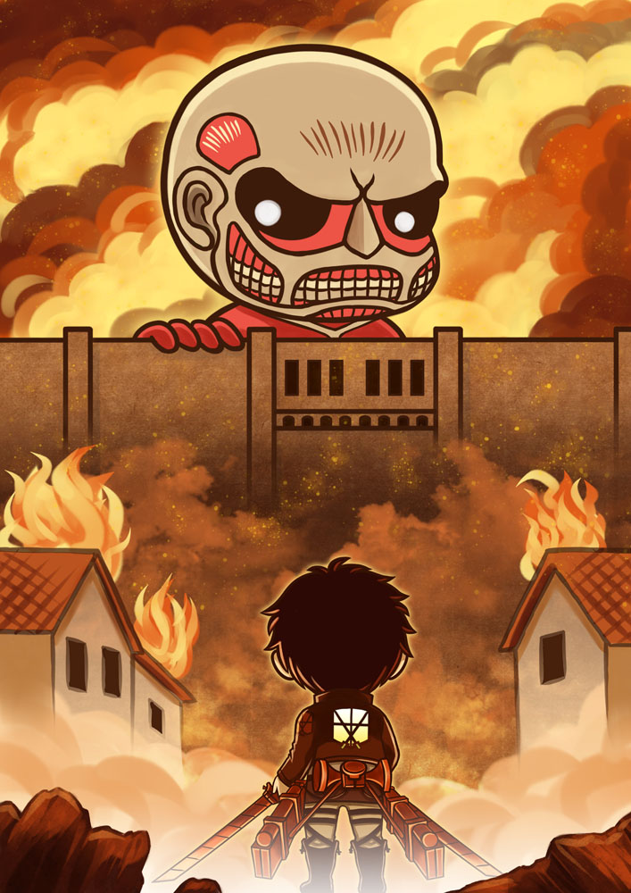 eren yeager, titan, and colossal titan (shingeki no kyojin) drawn by windgun