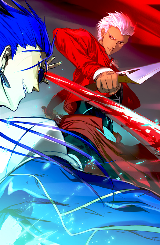 cu chulainn and archer (fate and 1 more) drawn by aonome