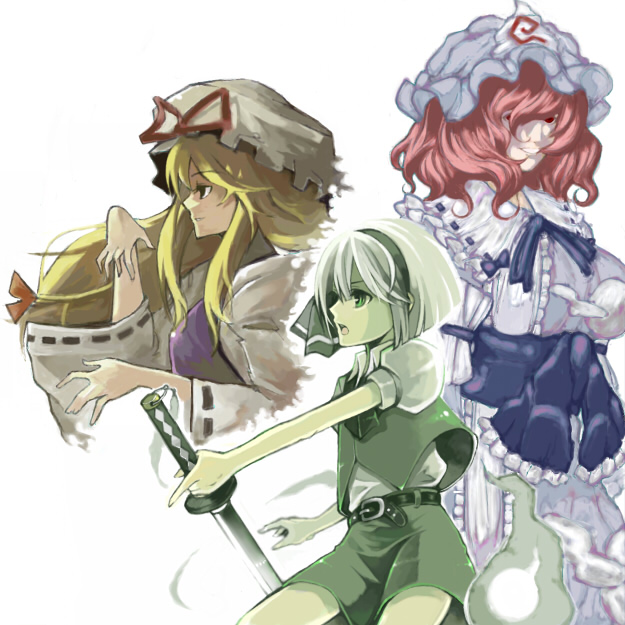 konpaku youmu, yakumo yukari, and saigyouji yuyuko (touhou) drawn by hase_neet