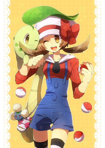 lyra, chikorita, and jumpluff (pokemon and 1 more) drawn by shooting428star
