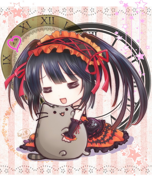 tokisaki kurumi and pusheen the cat (date a live and 1 more) drawn by youda_(seravichacha)