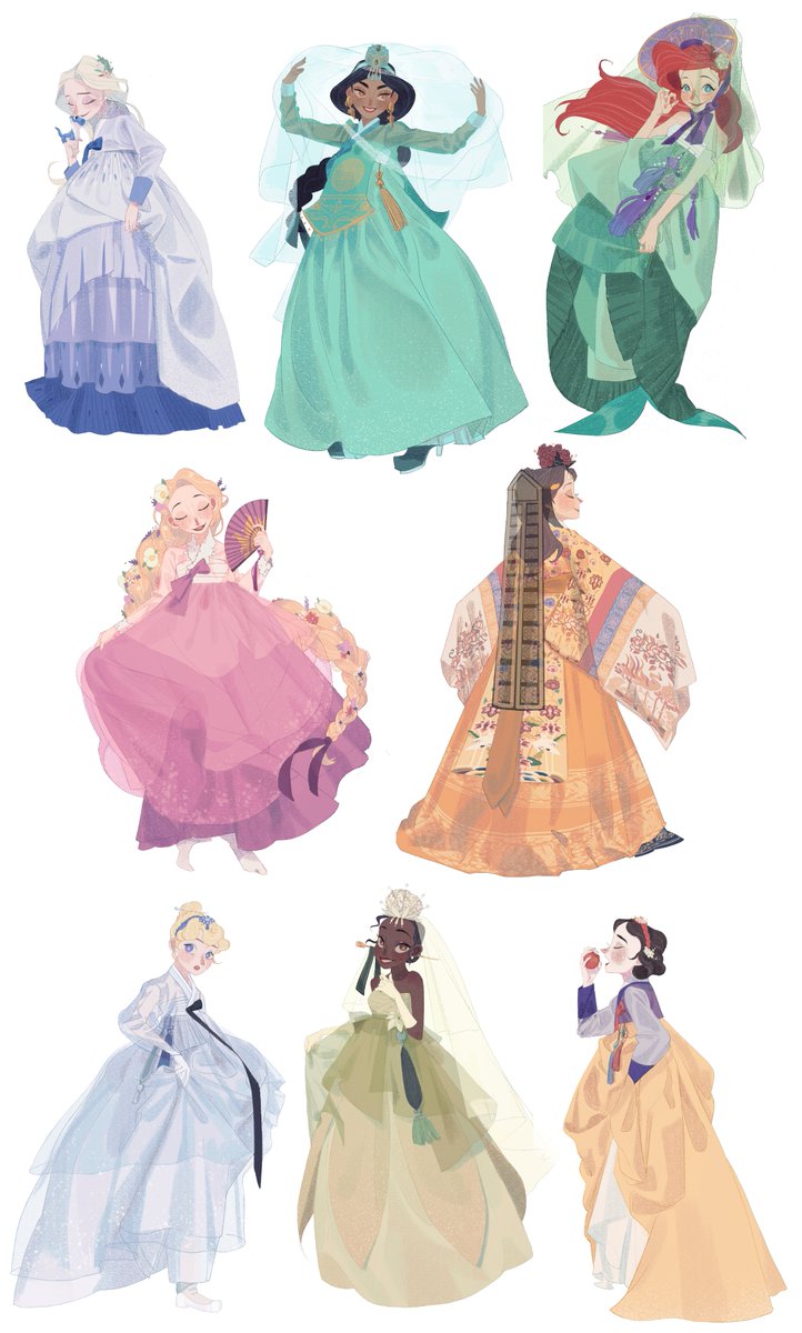 elsa, ariel, rapunzel, snow white, jasmine, and 3 more (frozen and 9 more) drawn by sue_kim