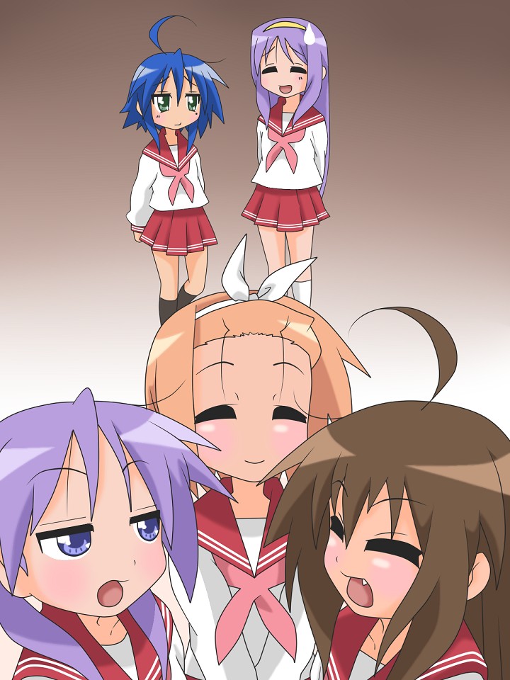 hiiragi kagami, izumi konata, hiiragi tsukasa, kusakabe misao, and minegishi ayano (lucky star)