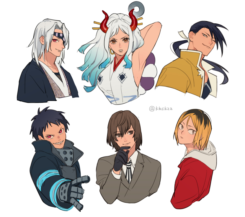 yamato, akechi gorou, kozume kenma, uzui tengen, ling yao, and 1 more (one piece and 6 more) drawn by meiji_(pecosyr5)