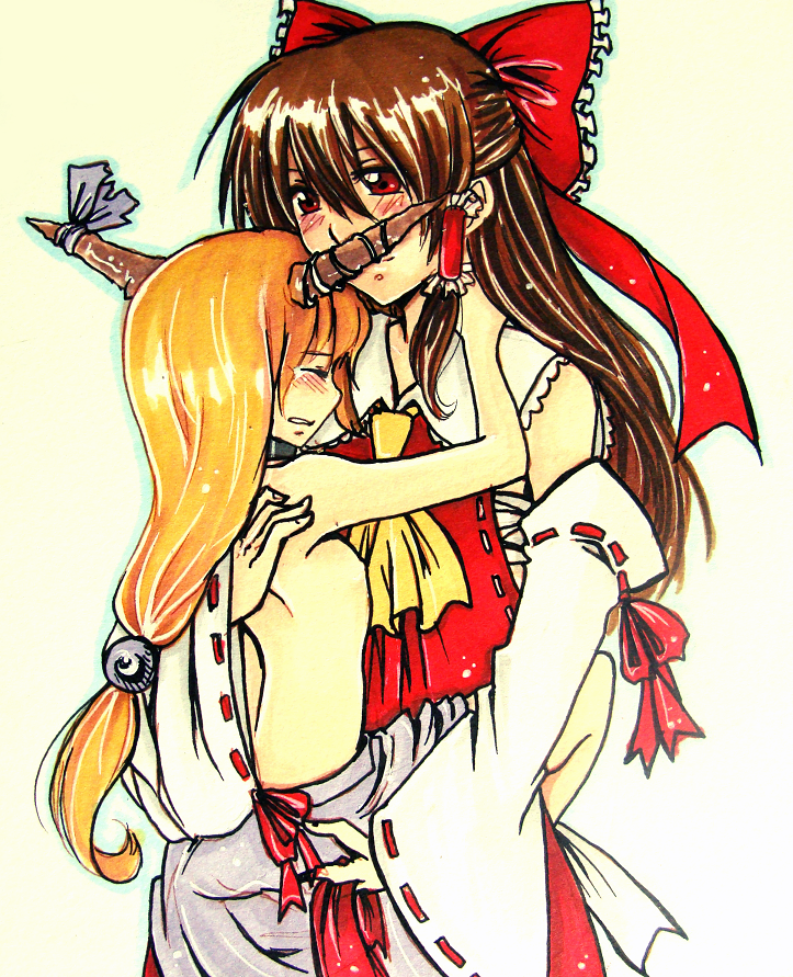 hakurei reimu and ibuki suika (touhou) drawn by drawfag