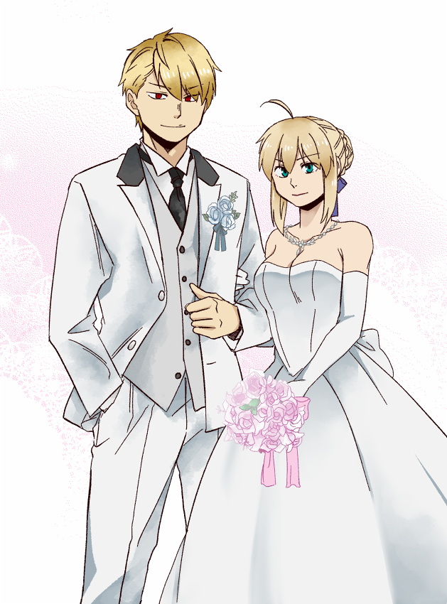 artoria pendragon, saber, and gilgamesh (fate and 1 more) drawn by moonlight_0423