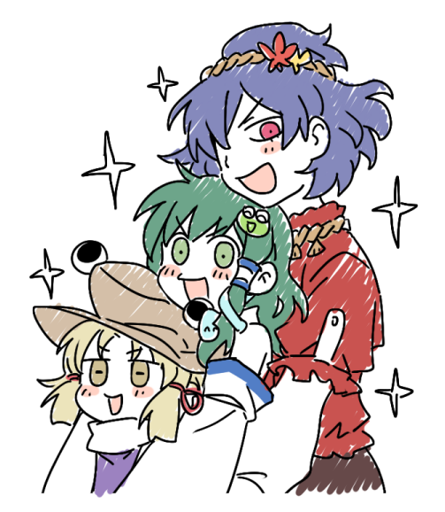 kochiya sanae, moriya suwako, and yasaka kanako (touhou) drawn by re_ghotion