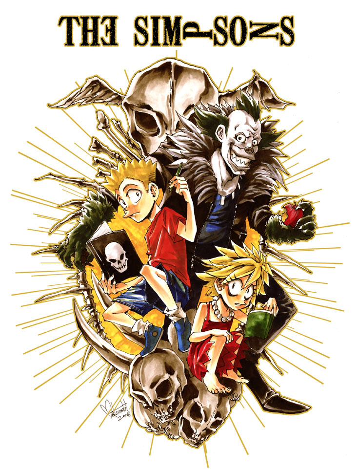 bart simpson, lisa simpson, and krusty the clown (death note and 1 more) drawn by nina_matsumoto