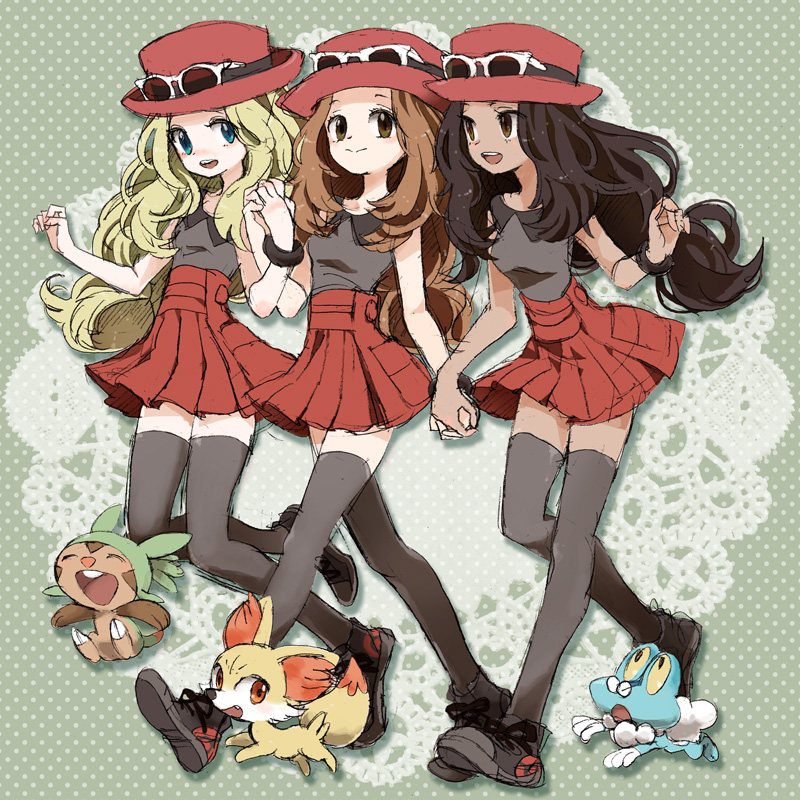 serena, fennekin, chespin, and froakie (pokemon and 1 more) drawn by lalamix