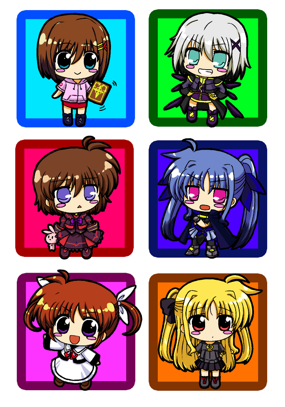 fate testarossa, takamachi nanoha, yagami hayate, tome of the night sky, stern the destructor, and 2 more (lyrical nanoha and 3 more) drawn by wakita_piyosuke