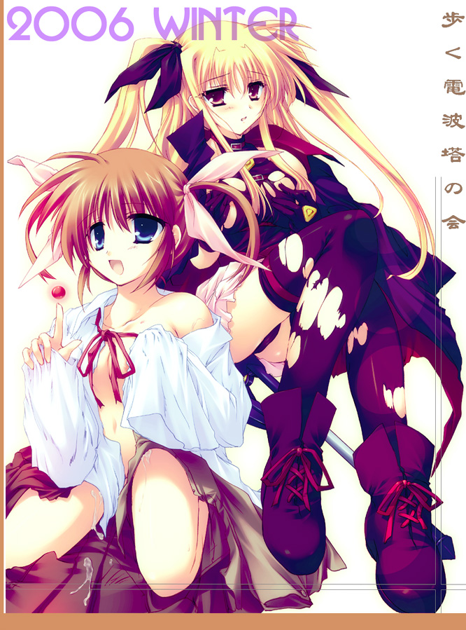 fate testarossa, takamachi nanoha, raising heart, and bardiche (lyrical nanoha and 1 more) drawn by kimura_shuuichi