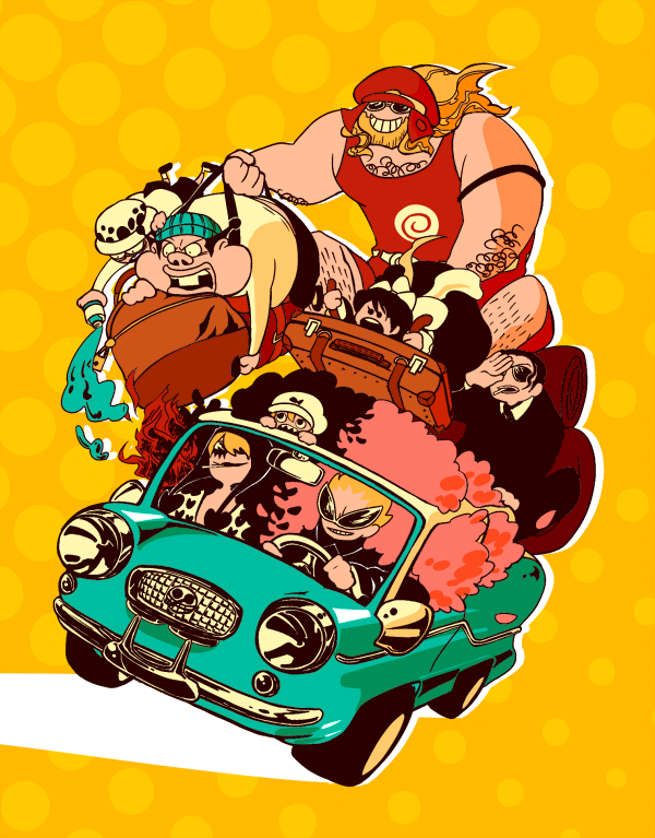 trafalgar law, donquixote doflamingo, donquixote rocinante, baby 5, dellinger, and 3 more (one piece) drawn by john_iwasi