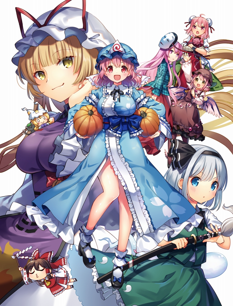 hakurei reimu, konpaku youmu, yakumo yukari, saigyouji yuyuko, yakumo ran, and 4 more (touhou) drawn by kapuchii