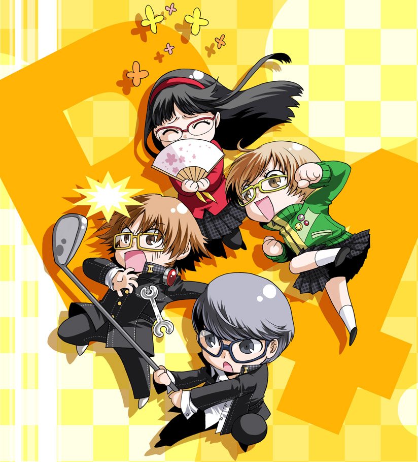 narukami yu, satonaka chie, amagi yukiko, and hanamura yousuke (persona and 1 more) drawn by satsuki_yuu_(awairo)