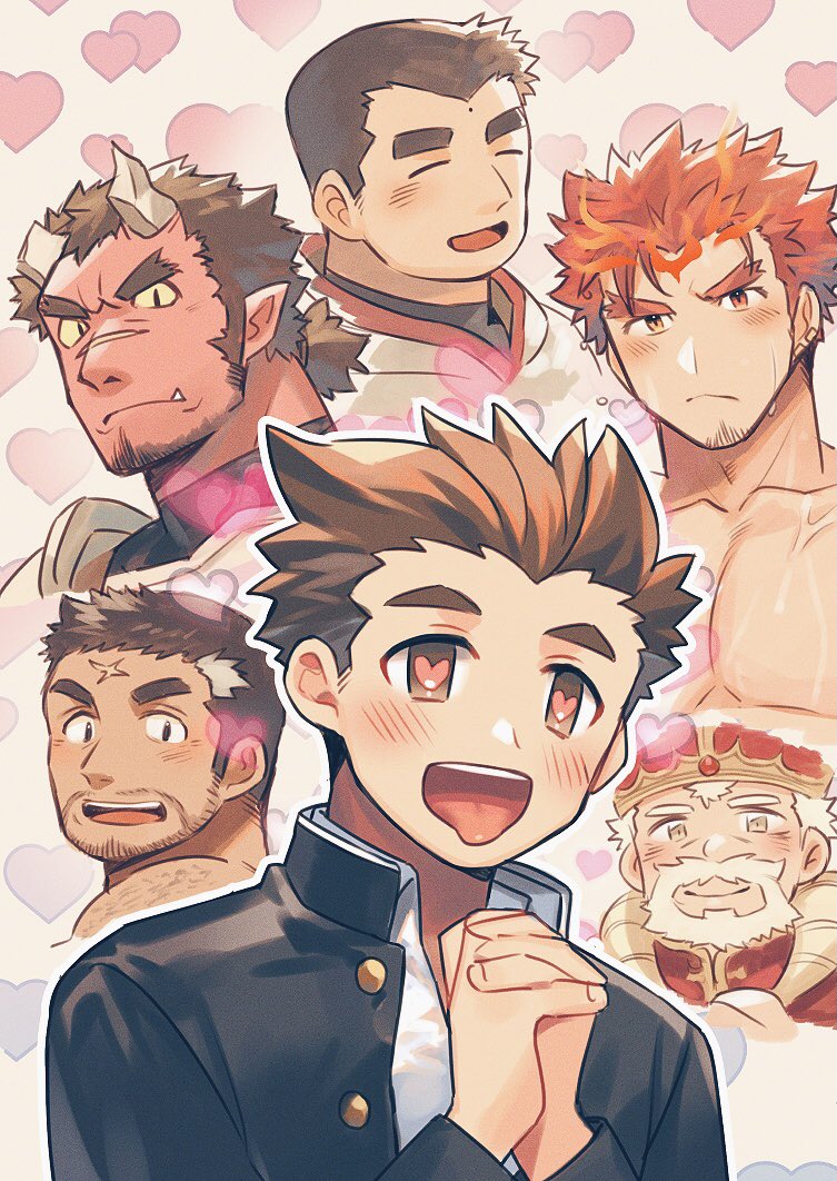 orgus, protagonist, sol, gordon, fafnir, and 1 more (shoukan yuusha to f-kei kareshi) drawn by hozu_(hozumi)