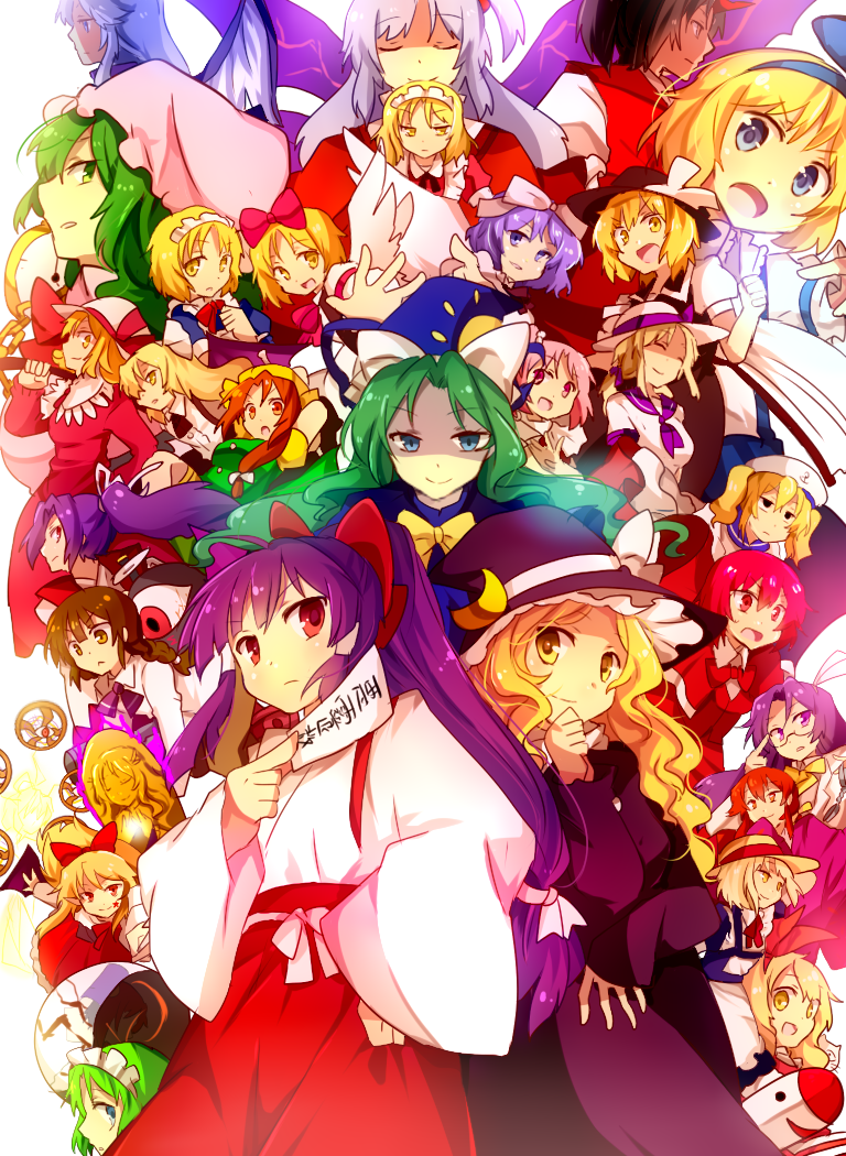 hakurei reimu, kirisame marisa, alice margatroid, kazami yuuka, shinki, and 28 more (touhou) drawn by matryoshka_(borscht)