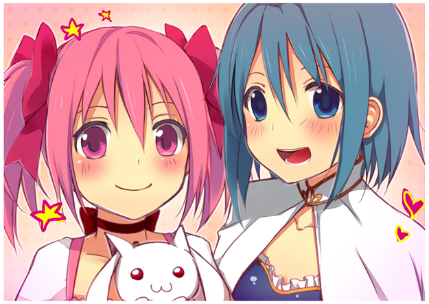 kaname madoka, miki sayaka, and kyubey (mahou shoujo madoka magica) drawn by jing_hu