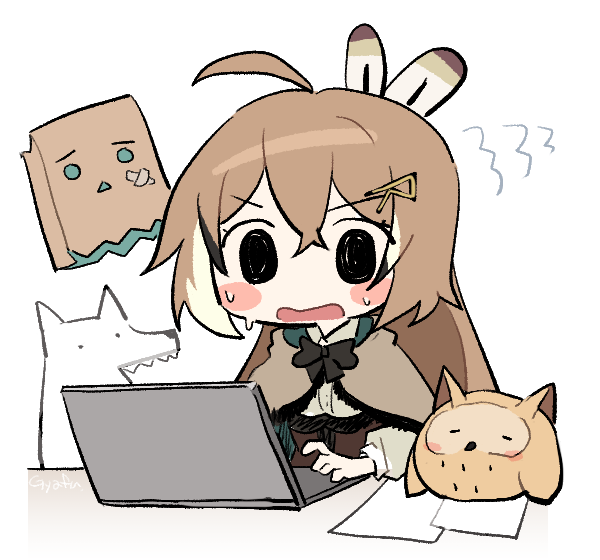 nanashi mumei, friend, hootsie, smol mumei, and animal (hololive and 1 more) drawn by gyaheung