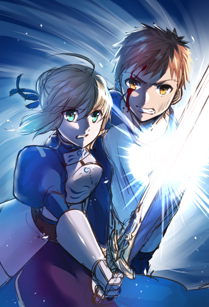 artoria pendragon, saber, and emiya shirou (fate and 1 more) drawn by arrow_(tamawo222)