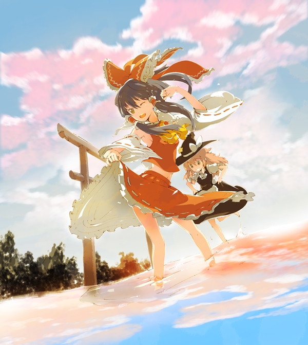 hakurei reimu and kirisame marisa (touhou) drawn by ichizen_(o_tori)