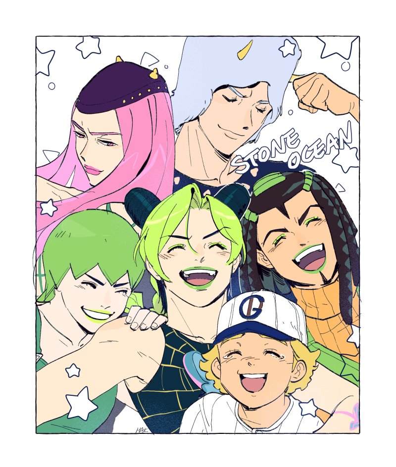 kujo jolyne, narciso anasui, foo fighters, ermes costello, weather report, and 1 more (jojo no kimyou na bouken and 1 more) drawn by hakmonss