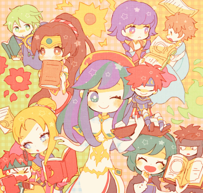 roy, lilina, nino, lute, linde, and 5 more (fire emblem and 5 more) drawn by kappaman
