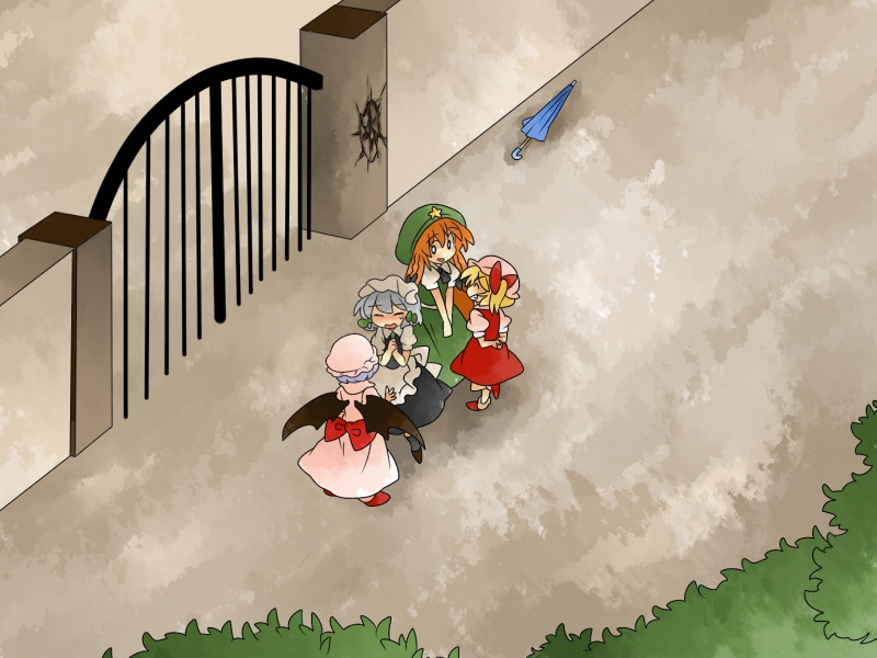 remilia scarlet, flandre scarlet, izayoi sakuya, and hong meiling (touhou) drawn by hammer_(sunset_beach)
