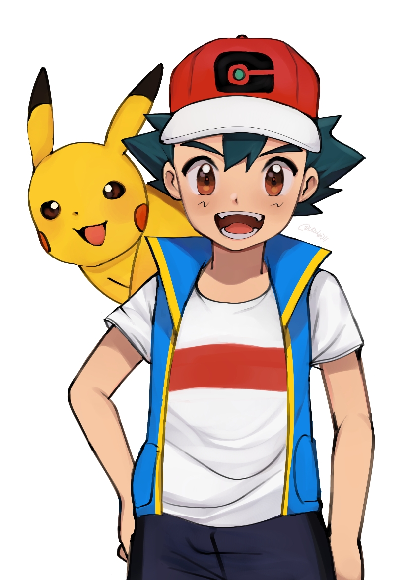 pikachu and ash ketchum (pokemon and 1 more) drawn by usohajii