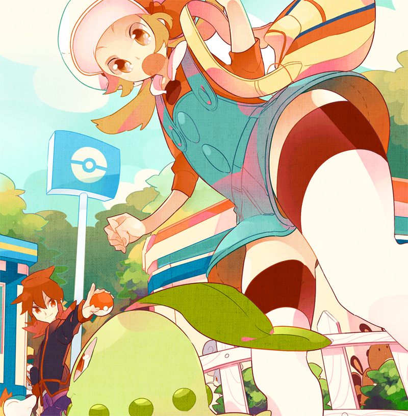 ethan, lyra, silver, cyndaquil, chikorita, and 2 more (pokemon and 1 more) drawn by hagiko
