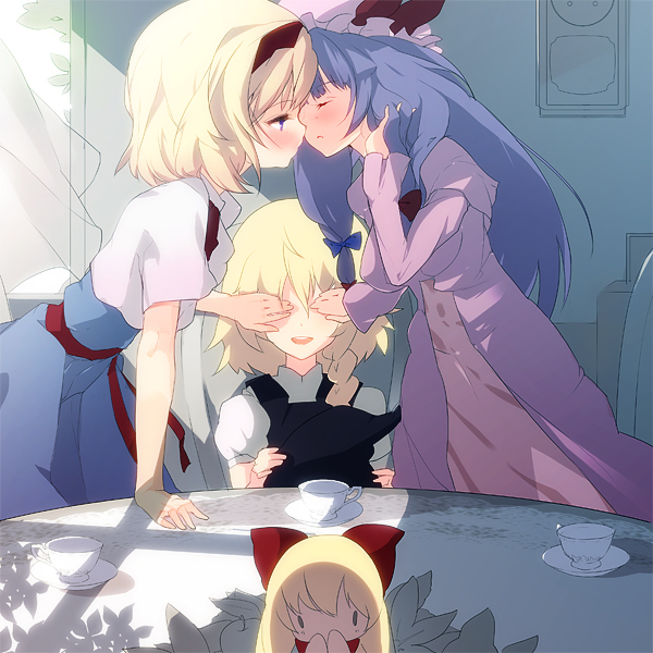 kirisame marisa, alice margatroid, patchouli knowledge, and shanghai doll (touhou) drawn by kaede_(sayappa)