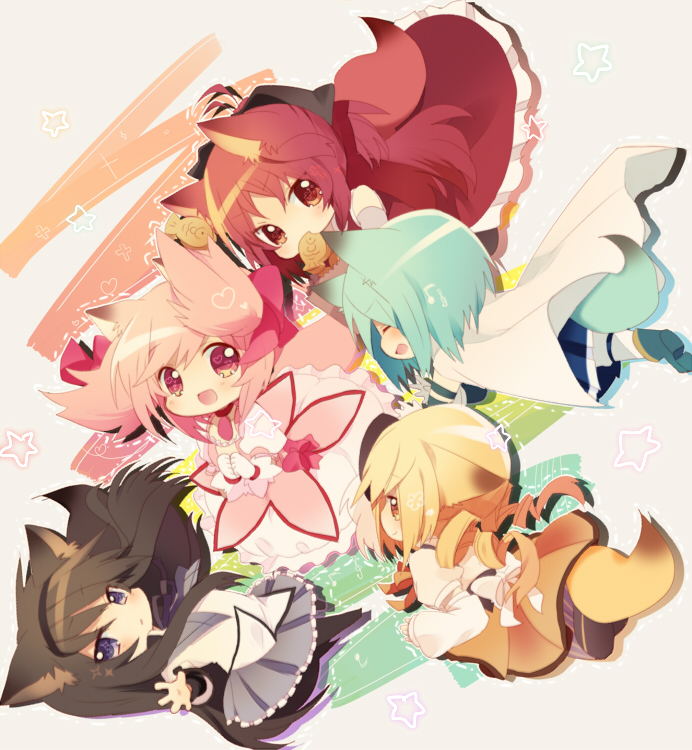 akemi homura, kaname madoka, miki sayaka, sakura kyoko, and tomoe mami (mahou shoujo madoka magica) drawn by nochita_shin