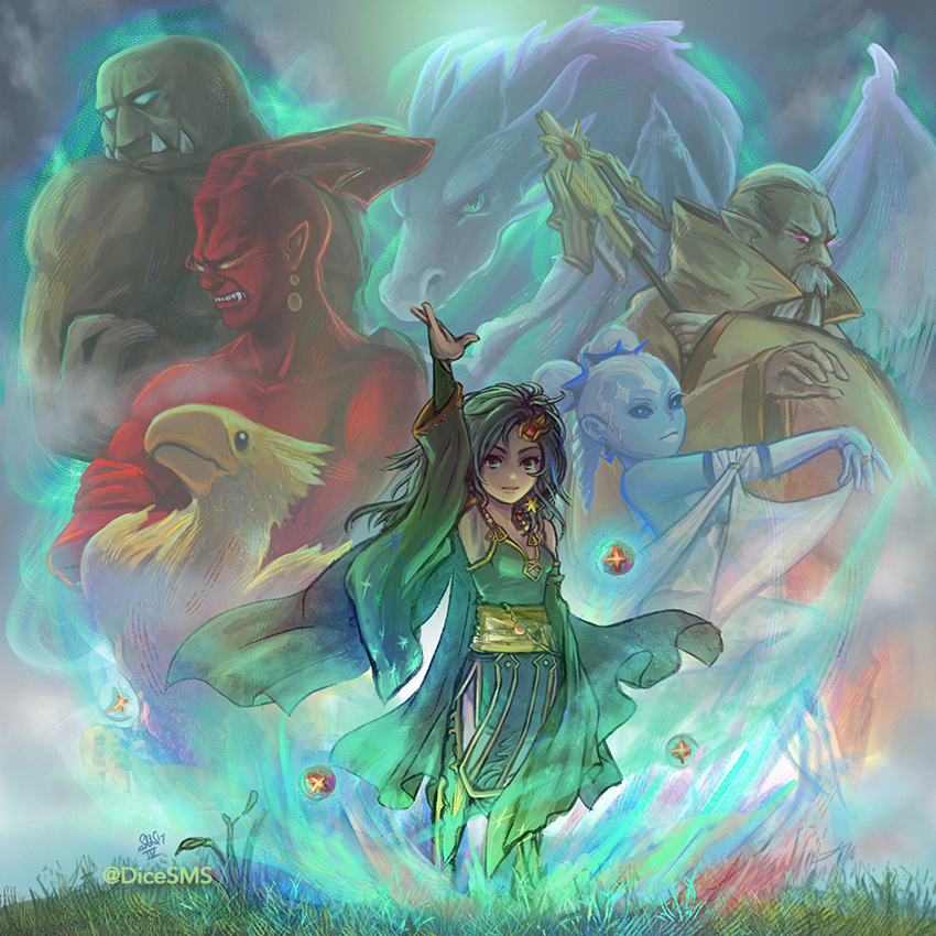 rydia, shiva, ifrit, mist dragon, ramuh, and 1 more (final fantasy and 1 more) drawn by dicesms