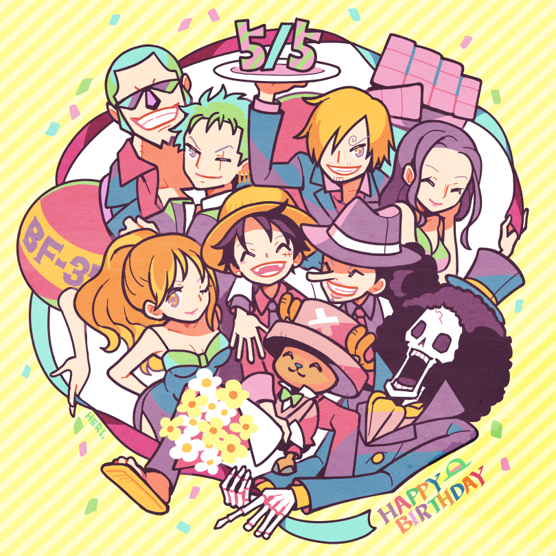 nami, monkey d. luffy, nico robin, roronoa zoro, sanji, and 4 more (one piece) drawn by heri_(azame)