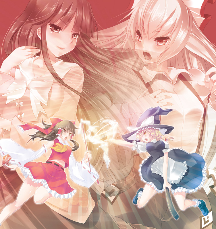 hakurei reimu, kirisame marisa, fujiwara no mokou, and houraisan kaguya (touhou and 2 more) drawn by maki_(seventh_heaven_maxion)