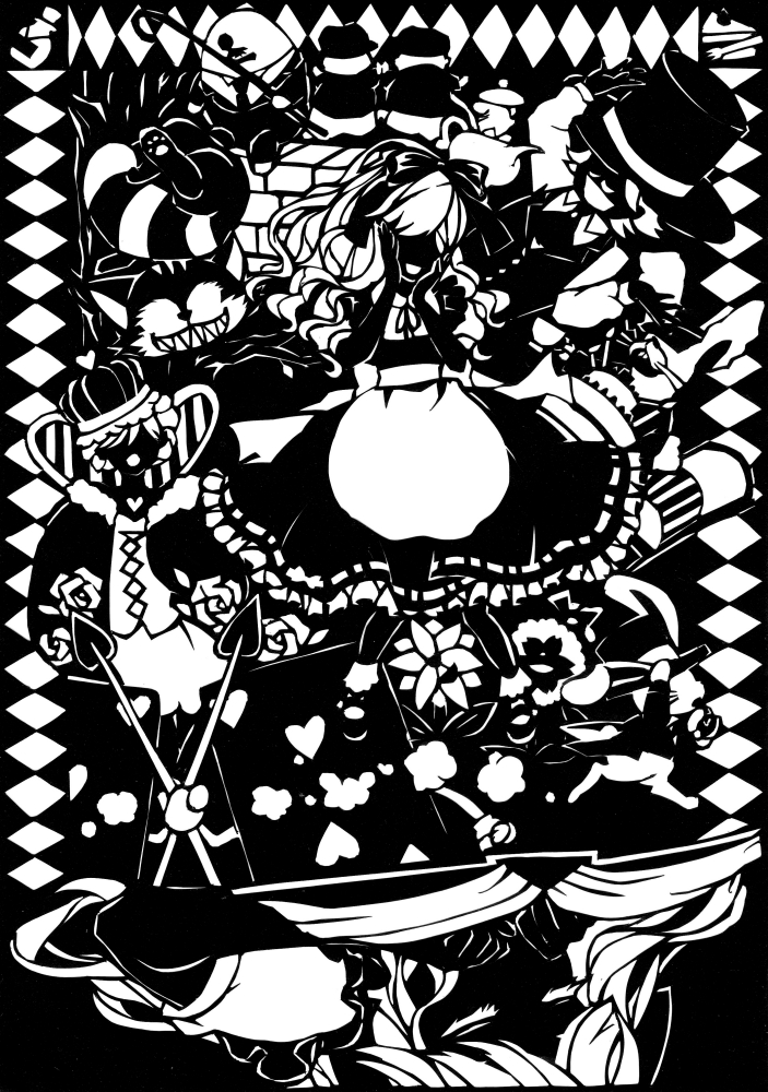 alice, cheshire cat, and mad hatter (alice's adventures in wonderland) drawn by tenni_noboru