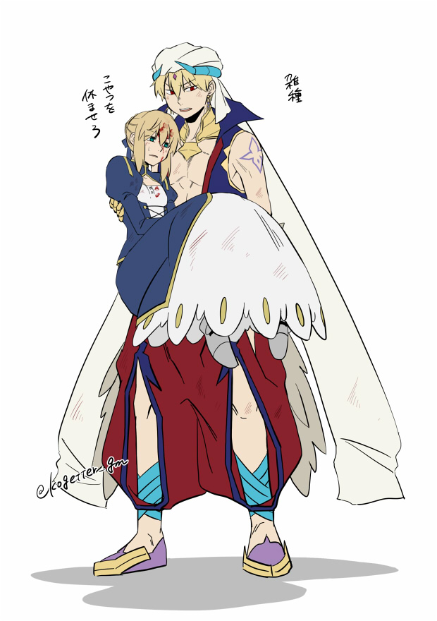 artoria pendragon, saber, and gilgamesh (fate and 1 more) drawn by moonlight_0423