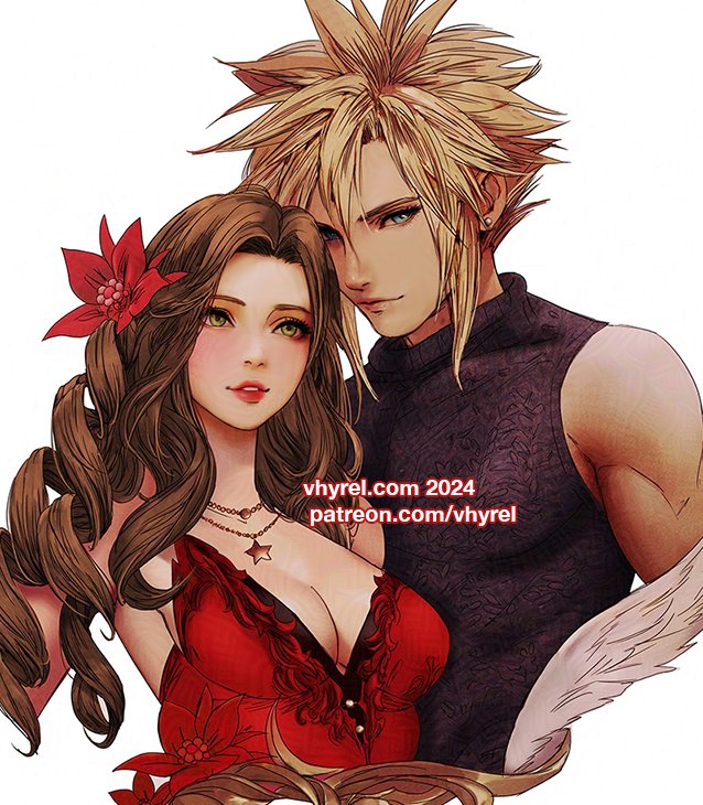 cloud strife and aerith gainsborough (final fantasy and 2 more) drawn by vhyrel