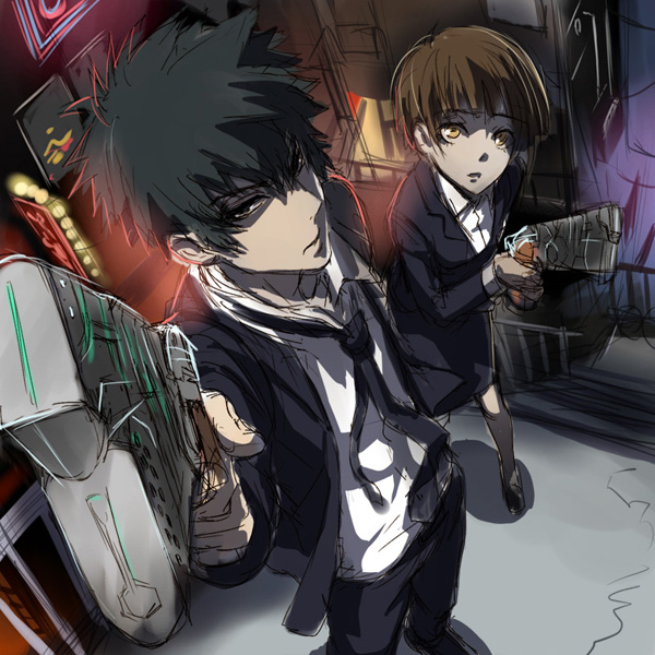 tsunemori akane and kougami shin'ya (psycho-pass) drawn by cj_(cyber_cider)