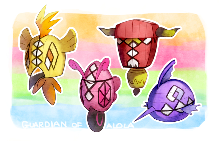 tapu lele, tapu koko, tapu fini, and tapu bulu (pokemon) drawn by hk_(nt)