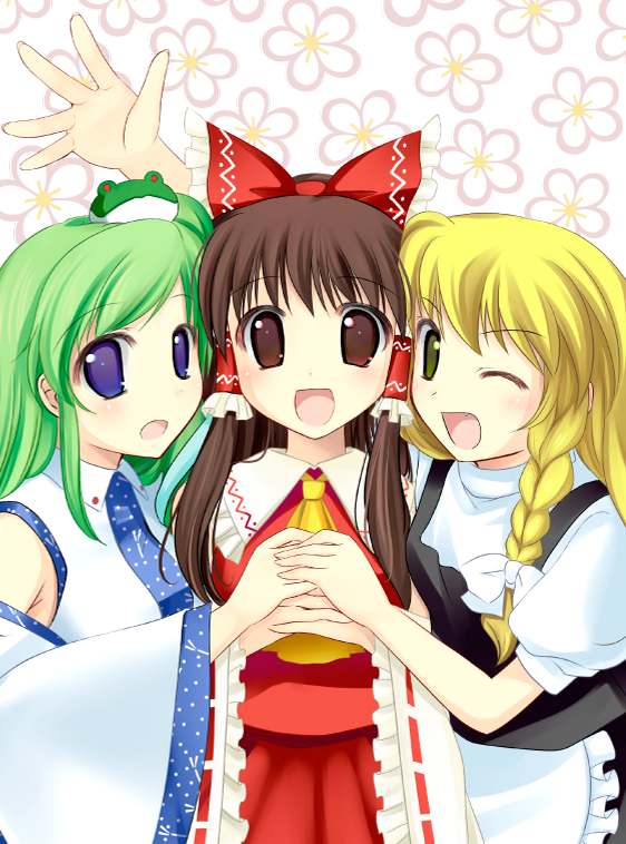 hakurei reimu, kirisame marisa, and kochiya sanae (touhou) drawn by natsukawa_sarasa