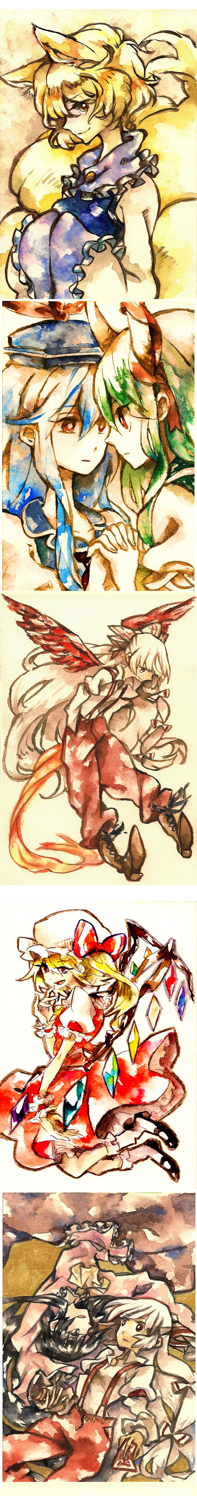 flandre scarlet, fujiwara no mokou, yakumo ran, kamishirasawa keine, houraisan kaguya, and 1 more (touhou) drawn by shinoasa