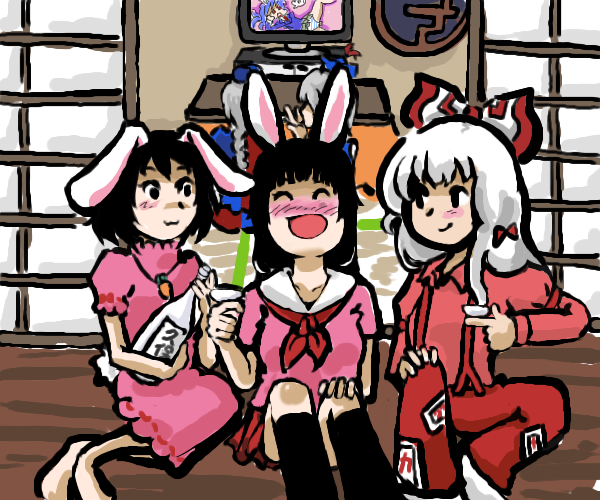 fujiwara no mokou, saigyouji yuyuko, kamishirasawa keine, houraisan kaguya, inaba tewi, and 1 more (touhou) drawn by banitan