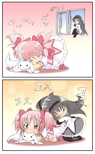 akemi homura, kaname madoka, and kyubey (mahou shoujo madoka magica) drawn by seminoyu