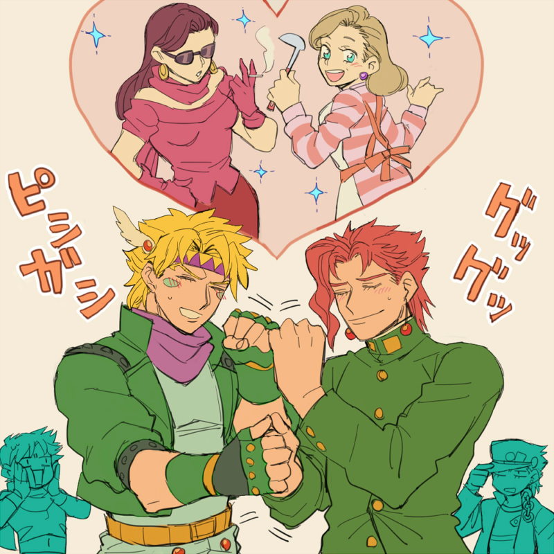 joseph joestar, kujo jotaro, caesar anthonio zeppeli, kakyoin noriaki, lisa lisa, and 1 more (jojo no kimyou na bouken and 2 more) drawn by takeyama_(potc)